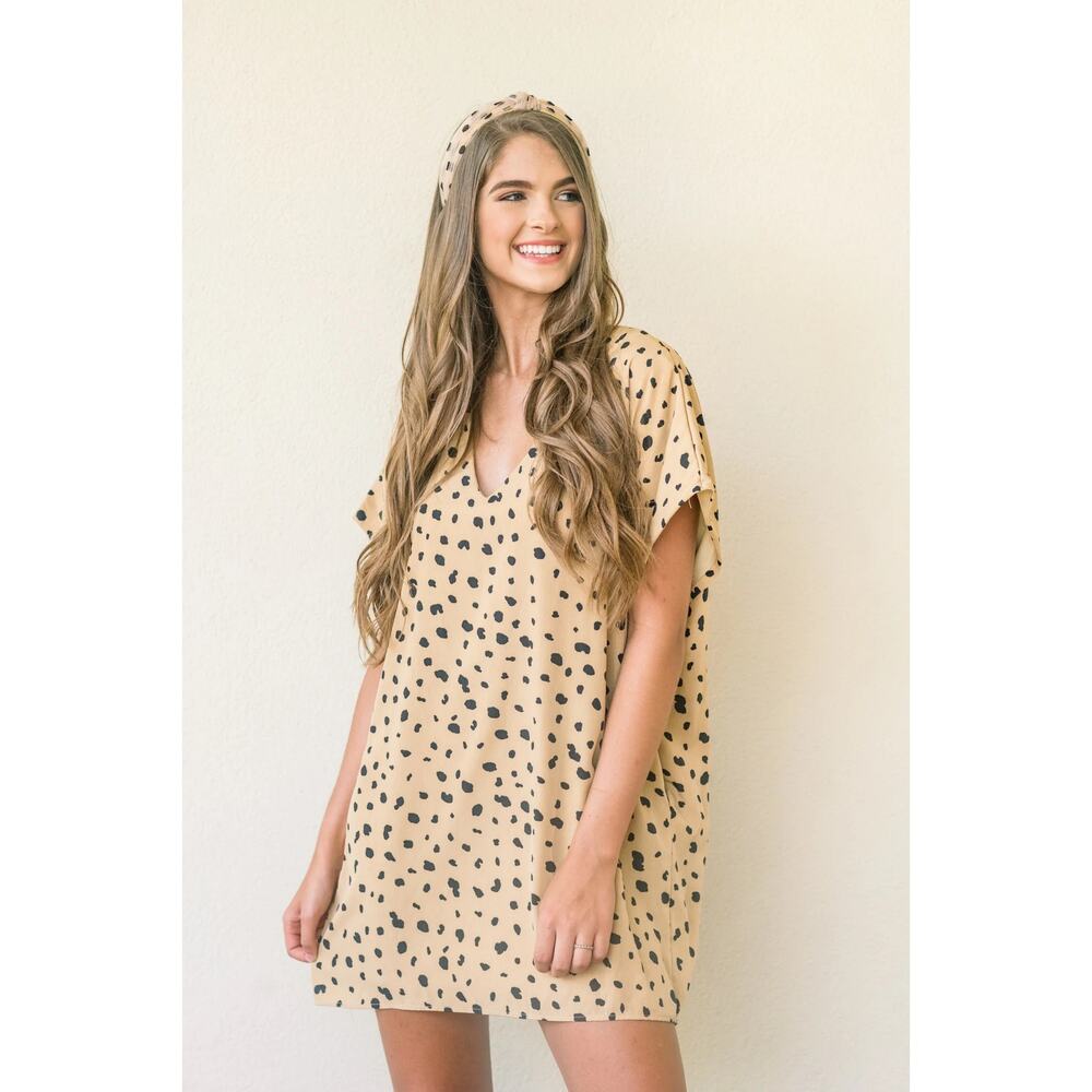 Anthropologie By Together Dalmatian Print Tunic Dress L Tan  Oversized V Neck